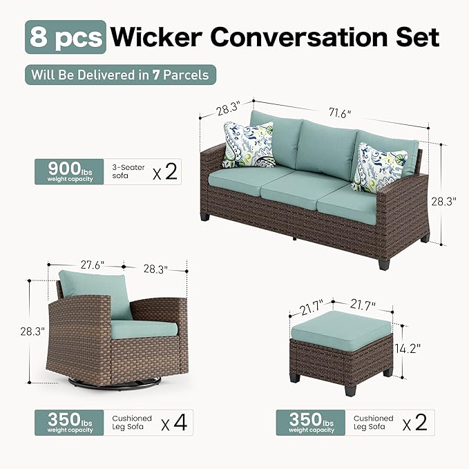Swivel Glider Patio Furniture Set Outdoor Furniture Brown Wicker Rattan Patio Conversation Sets with Cushion Outside Sofa Set,8 Pieces,12 Seats,Blue
