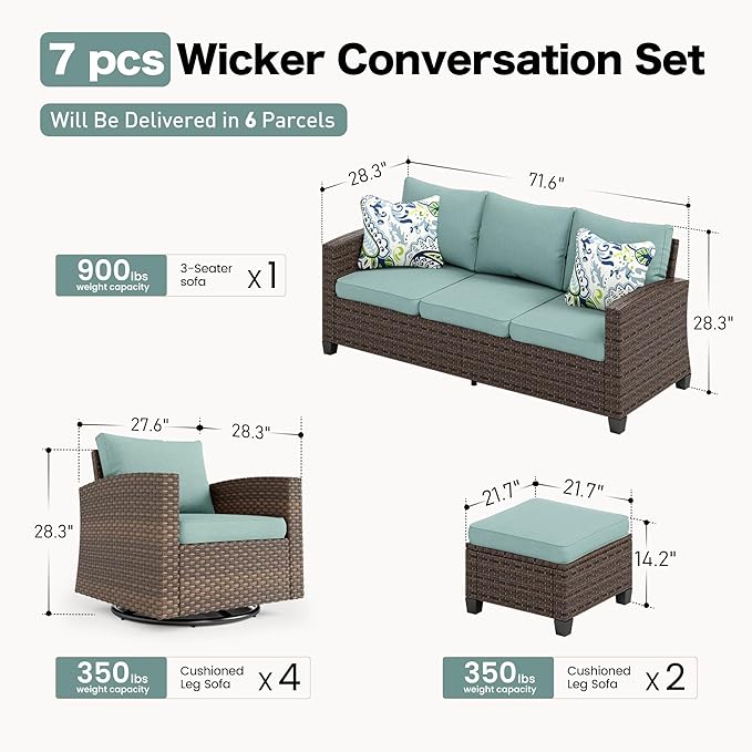 Swivel Glider Patio Furniture Set Outdoor Furniture Brown Wicker Rattan Patio Conversation Sets with Cushion Outside Sofa Set,7 Pieces,9 Seats,Blue