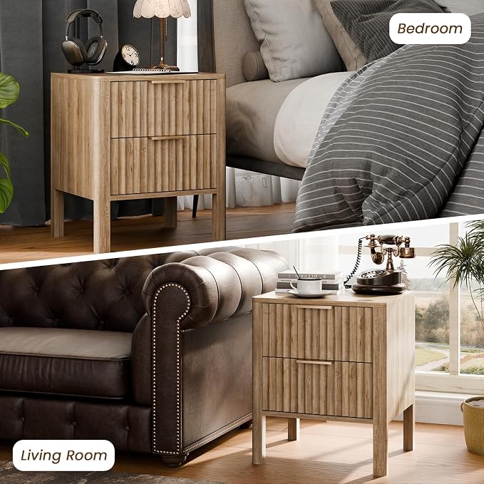 MODNEST 18" Fluted Nightstands Set of 2, Bed Side Tables with Drawers for Bedroom Mid Century Modern Night Stand Wood Nightstand Small End Table Bedroom Set, Oak - Image 8