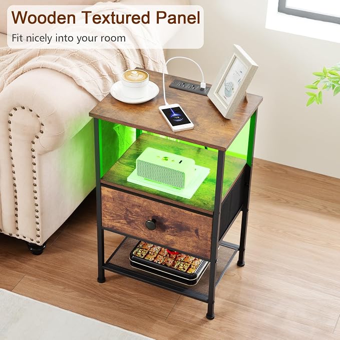 LOAKEKEL Night Stand Set 2, LED Nightstand with Charging Station, End Tables Living Room with Fabric Drawer for Small Spaces, Bed Side Tables with Storage Shelf for Bedroom, Brown, HETS01PBR - Image 9