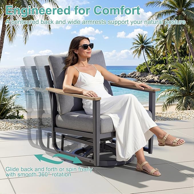 6-Piece Aluminum Patio Rocking Swivel Chair Outdoor Bistro Set, Patio Conversation Set Outdoor Patio Furniture Set with High Backrest & Thickened Cushions for Garden, Deck and Balcony, Grey