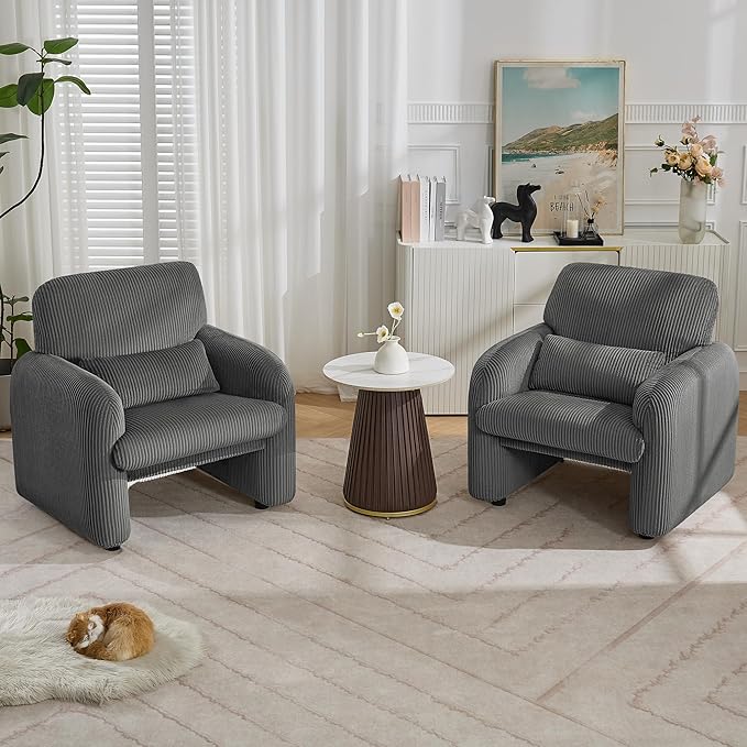 WUTUTUEE Corduroy Fabric Accent Chairs Set of 2, Modern Upholstered Living Room Chairs with Lumbar Pillow, Wide Comfy Leisure Armchair for Bedroom, Office, Reading, Grey