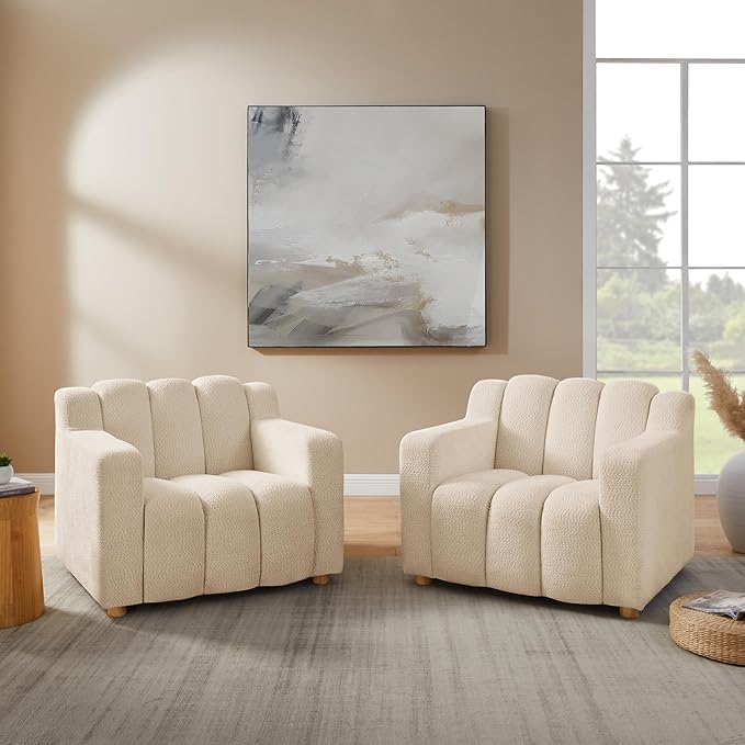 Modern Oversized Living Room Chairs, 40" Wide Boucle Accent Chairs with Deep Seat and Wooden Legs, Comfy Reading Arm Chair for Bedroom, Apartment, Beige