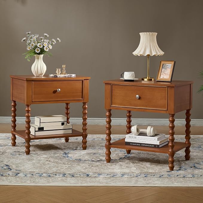 AMERLIFE 24" Walnut Nightstand Set of 2, Vintage Bedside Table for Bedroom, Solid Wood Night Stand with Turned Legs, End Table with Drawer & Open Shelf, Brown Walnut Finish - Image 9