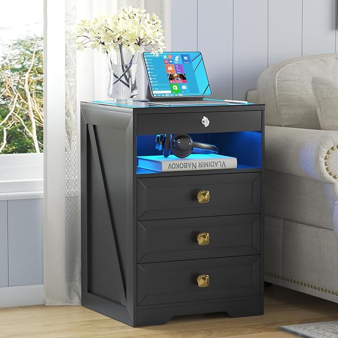 Lvifur LED Nightstand with 3 Drawers, Glass Top Bedside Table with Wireless Charging Station, Modern Night Stand with Auto Sensor, Bedroom Smart End Table (Black) - Image 8