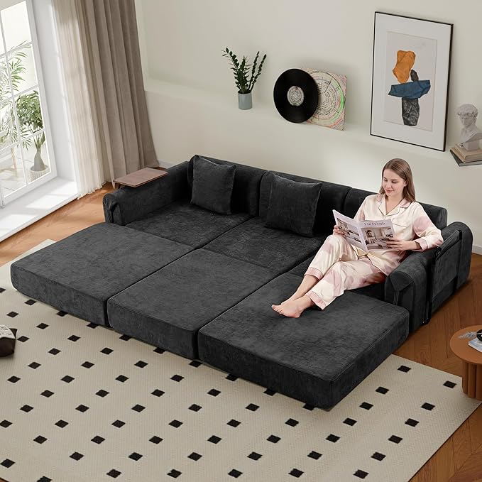 100" Convertible Sleeper Sofa Bed, Oversized Modular Sectional Cloud Sofa with Fixed-Shape Frame & Tabletop, Boneless Couch with Storage Pocket for Living Room, No Assembly Required, Black