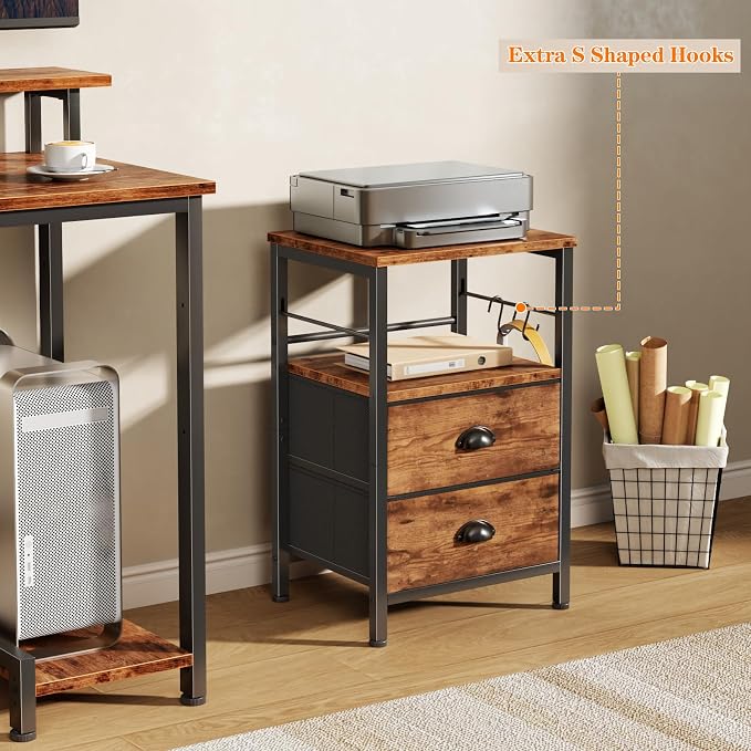 Furologee Nightstand with 2 Fabric Drawers, Night Stand with 2-Tier Shelf, Bedside Table with Hooks, Open Wooden Shelf, End Table for Bedroom, Backboard Design, Metal Frame, Rustic Brown - Image 7