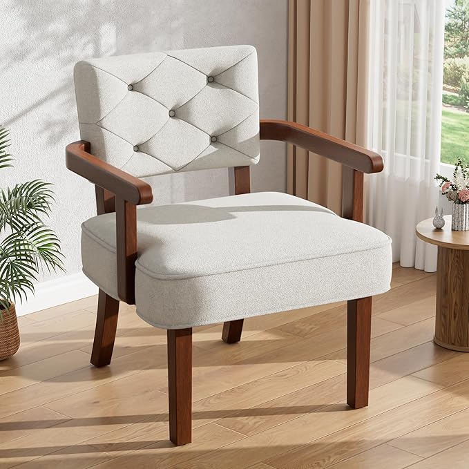Modern Accent Chairs Set of 2,Butacas para Sala,Mid Century Small Arm Chair,Upholstered Wooden Chairs with Arm Rest,Tufted Backrest,Cushion, for Office,Waiting/Reading/Living Room, Beige