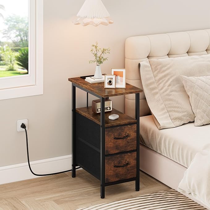 Vagusicc End Table with Charging Station Set of 2, Narrow Side Table, 23.8'' Tall Nightstand with 2 Drawers, Small Sofa Side Table Narrow Nightstand for Small Spaces Furniture, Bedroom, Rustic Brown - Image 9
