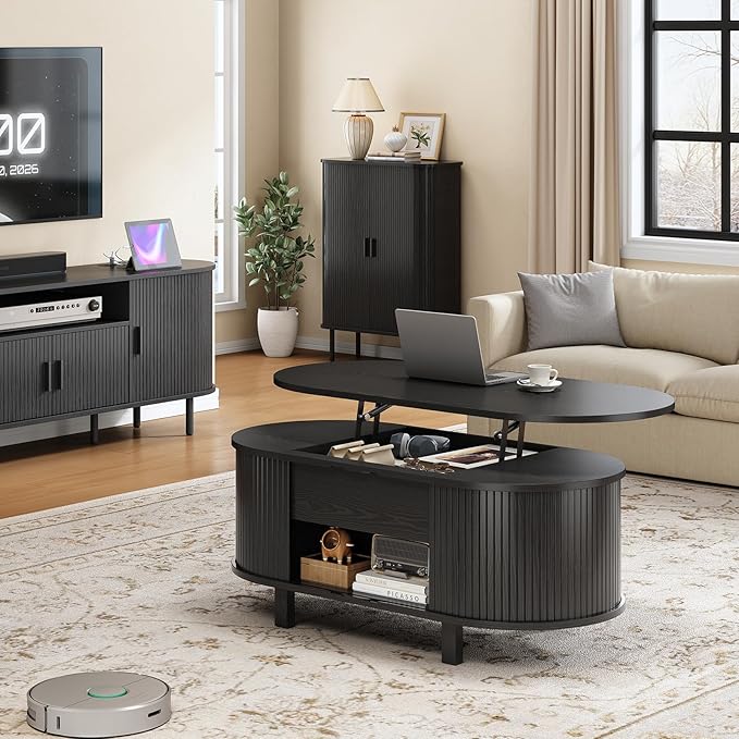 ONBRILL 43.3" Oval Lift Top Coffee Table with Hidden Compartment, Fluted Wood Coffee Table with Sliding Door, Mid-Century Modern Lift Tabletop Dining Table for Living Room, Home Office, Black
