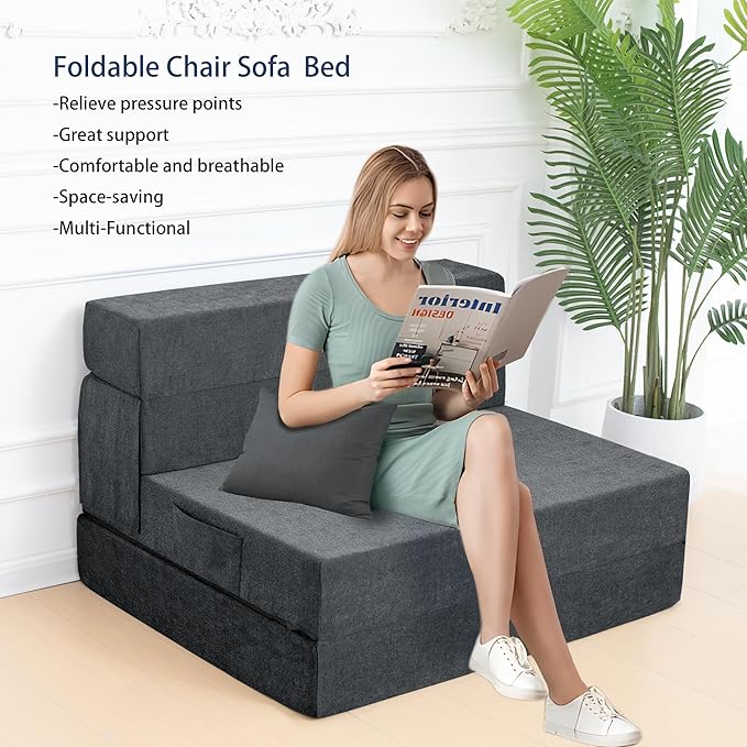 Folding Sofa Bed Chair with Pillow,Convertible Fold Out Chair Bed Sleeper,Foam Floor Mattress, Foldable Futon Couch Bed for Living Room/Dorm/Guest/Office (Grey, Twin XL)