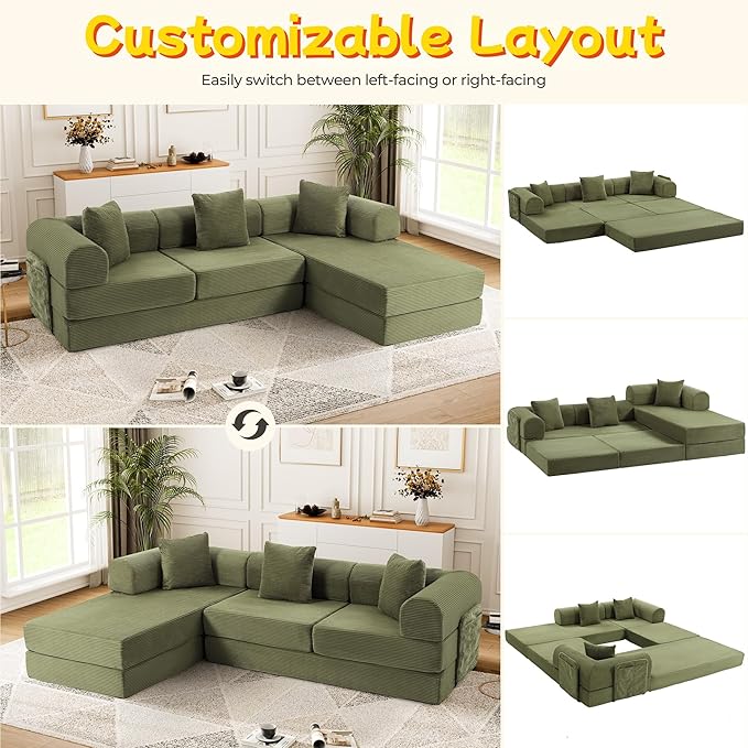106.3" L Shape Convertible Sleeper Sofa Bed, Oversized Modular Sectional Cloud Sofa with Fixed-Shape Frame & Storage Pocket, Boneless Couch for Living Room, No Assembly Required, Green