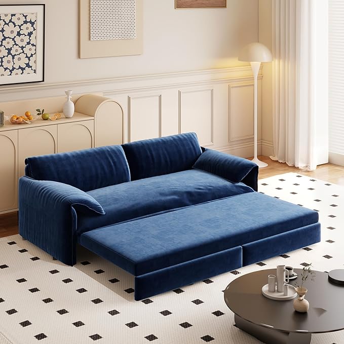 66" Queen Size Pull Out Sofa Bed, 3-in-1 Convertible Sleeper with Side Storage and Wheels, Velvet Loveseat for Living Room, Apartment, Bedroom, Blue (Mattress & Bedding Not Included)