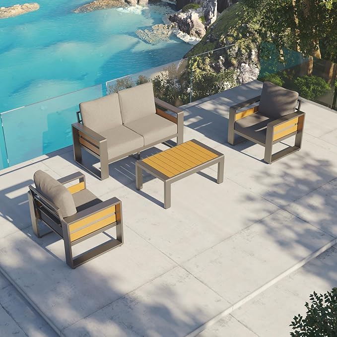 Aoxun Aluminum Outdoor Patio Furniture Set, 2 Seats Metal Sectional Patio Furniture, Modern Outside Sectional Set for Backyard, Armchair ×2, Dark Grey & Dark Grey