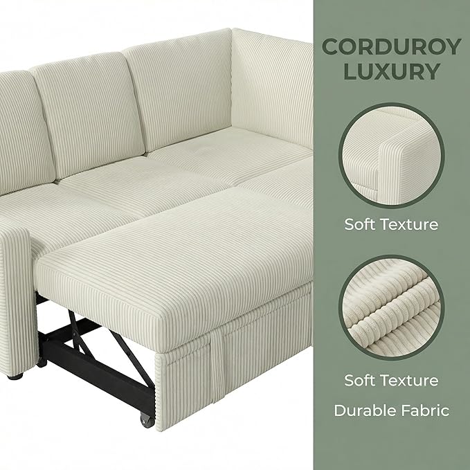 5-Seater Large Sectional Couch with Pull Out Bed, L Shaped Corduroy Sofa with Storage, Convertible Modular Sofa, for Living Room, Apartment, Beige