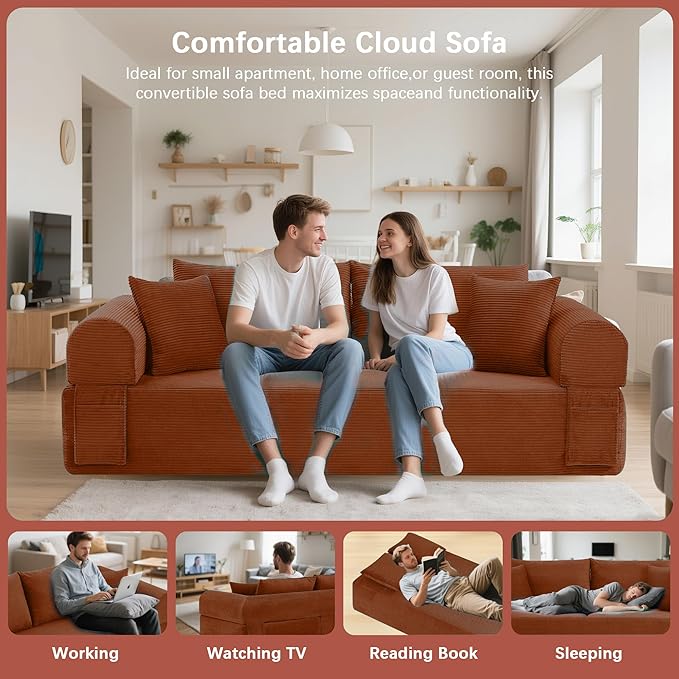 83" Modern Sofa in a Box, No Assembly Oversized 3 Seater 28" Deep Seat Cloud Sofa Bed Couch with 4 Furry Pillows & Corduroy Fabric, Boneless Couch with Side Storage Pockets for Living Room, Orange