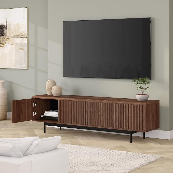 Henn&Hart Fluted TV Stand for TVs up to 75" with 2 Open-Concept Ribbed Storage Cabinets for Living Room, Family Room, or Office, Medium Walnut - Image 9