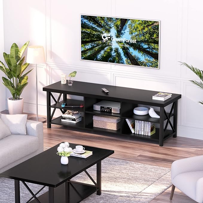 GreenForest TV Stand for TV up to 65 inches, Entertainment Center with 6 Storage Cabinet for Living Room, 55 inch Farmhouse Television Stands Console Table, Industrial TV stands for Living Room, Black - Image 8
