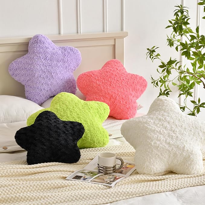 Star Pillow, 19.7" Star Shaped Plush Pillow for Couch Bed Sofa, Cute Decorative Throw Pillows with Soft Faux Fur Room Decor for Bedroom Living Room (Black)