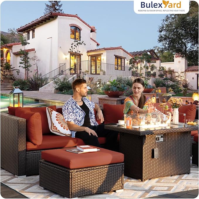 BULEXYARD 9 Piece Highback Patio Furniture Set with Fire Pit Table, Modern Modular Outdoor Sectional Couch Sofa with Ottoman, 8-Person Backyard Seating for Outside, Deck, Brown Wicker & Red Cushion