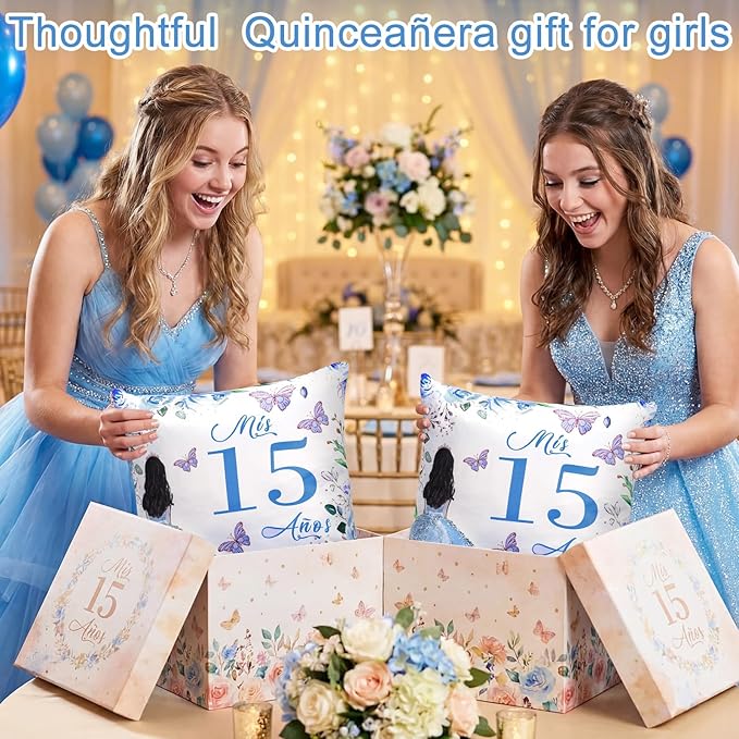 Kathfly Cojines para 15 Años De Quinceañera Decoration 16 x 16 Inche Blue Quinceañera Pillow Gifts Mis Xv Años Throw Pillow Sweet for Daughter Sister Friend 15th Birthday Gifts
