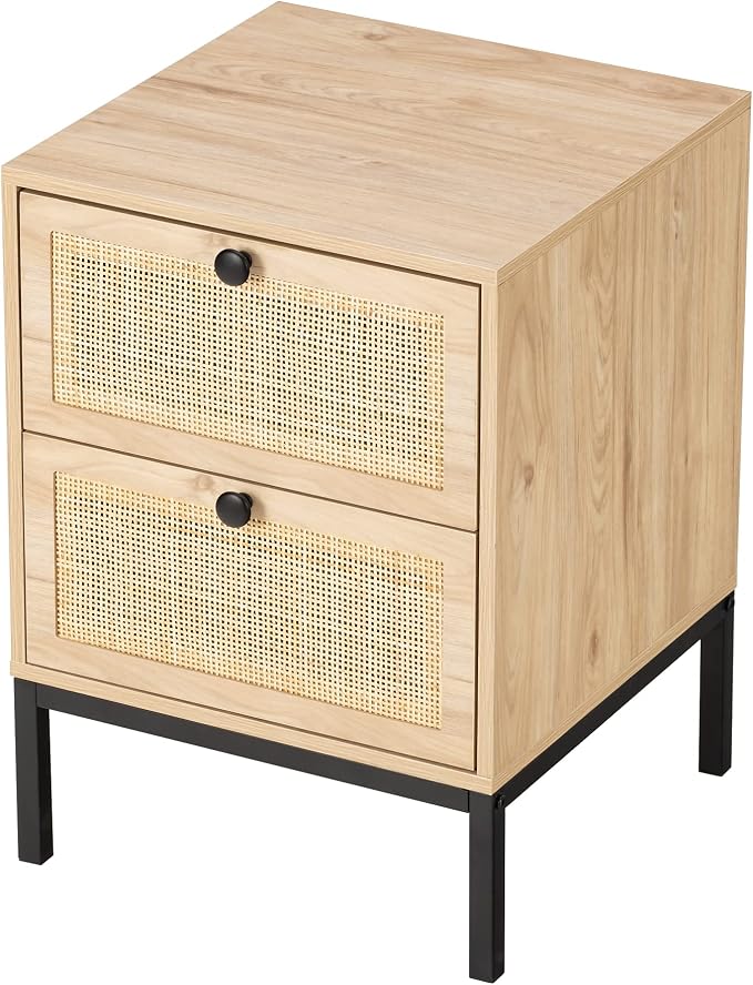 Yechen Set of 2 Rattan Nightstands with 2 Storage Drawers, Boho Bedside Table with Handmade Natural Cane, Mid-Century Modern End Table with Metal Legs for Bedroom, Natural Oak - Image 9