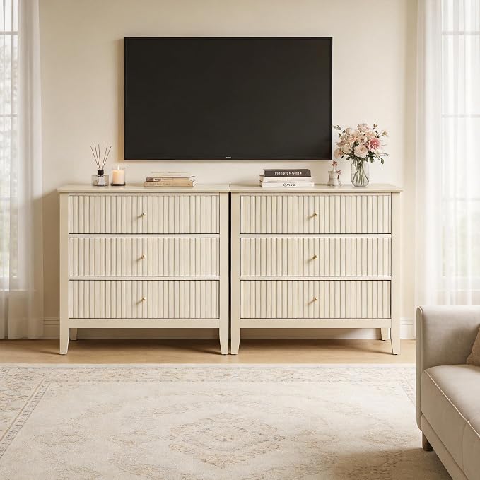 RoyalCraft Large 3 Drawer Dresser Set of 2, Fluted Wood Drawers for Bedroom, Modern Painted 30 inch Wide Nightstand for Bedroom, Entryway, Beige - Image 9