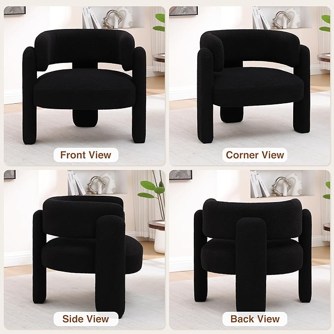 Accent Chair for Living Room, Modern Sherpa Barrel Chair, Upholstered Living Room Chairs with 3 Legs, Comfy Armchair Reading Side Chair for Bedroom, Office, Apartment, Black