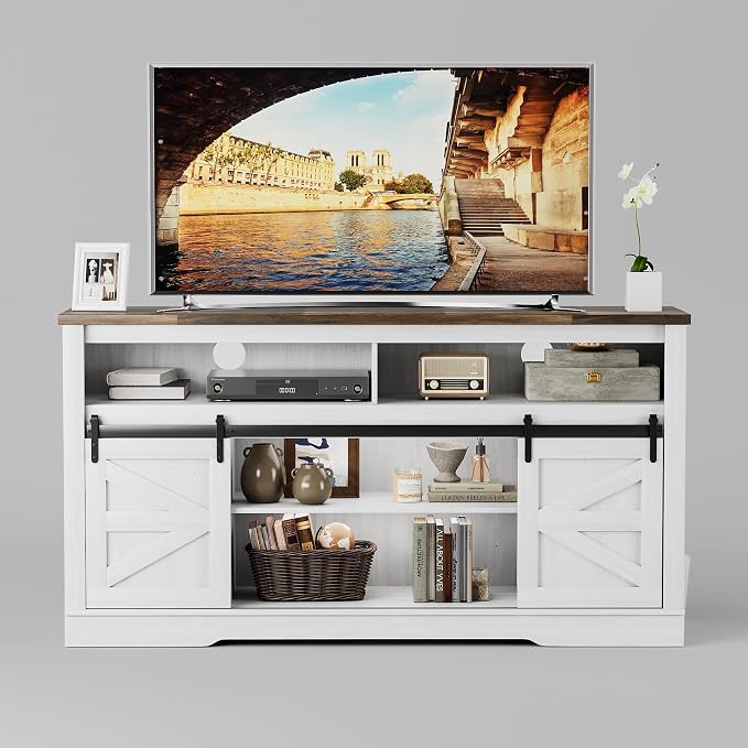 JUMMICO Fireplace TV Stand for 65+ Inch TV with 26'' Fireplace Entertainment Center with Storage Cabinet and Adjustable Shelves Media Console with Sliding Barn Door for Living Room (Milk White) - Image 7