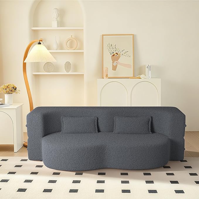 78" Convertible Sofa Bed, 2-in-1 Folding Floor Couch with 2 Pillows, Sleeper Sofa for Living Room and Bedroom, No Assembly Required (Grey, Teddy Fabric)
