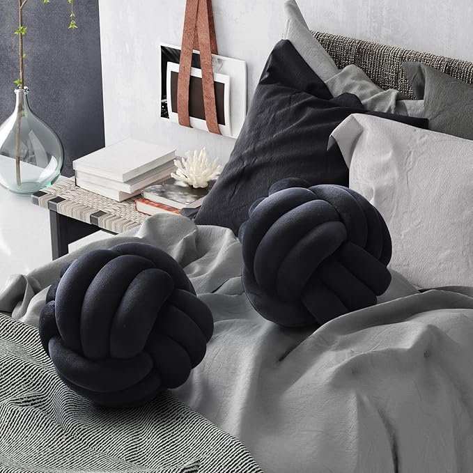 Namalu 2 Pcs Soft Knot Pillow Ball, Decorative Round Throw, Soft Knotted Plush Pillows, Handmade Stuffed Ball Pillows Cushion for Bedroom Sofa Couch Home Decor(10.6 Inches,Black)