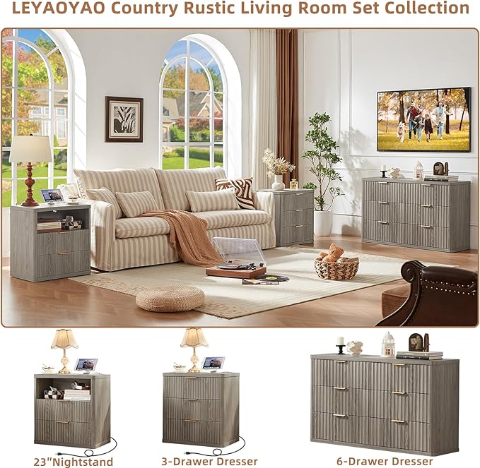 LEYAOYAO 42" Tall Fluted Dresser and 2 Drawers 23" Nightstand Set of 2, Wooden Dresser & Night Stand with Charging Station, 3 Piece Bedroom Furniture Set, Wood Chest of Drawer for Living Room,Grey