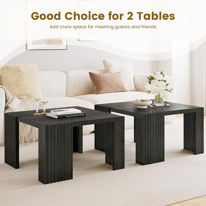 Luoxiao 27.5" Black Square Coffee Table Fluted Mid-Century Modern Living Room Table, Square Wooden Center Table with Quilted Footpads for Apartments, Small Homes, Easy Assembly