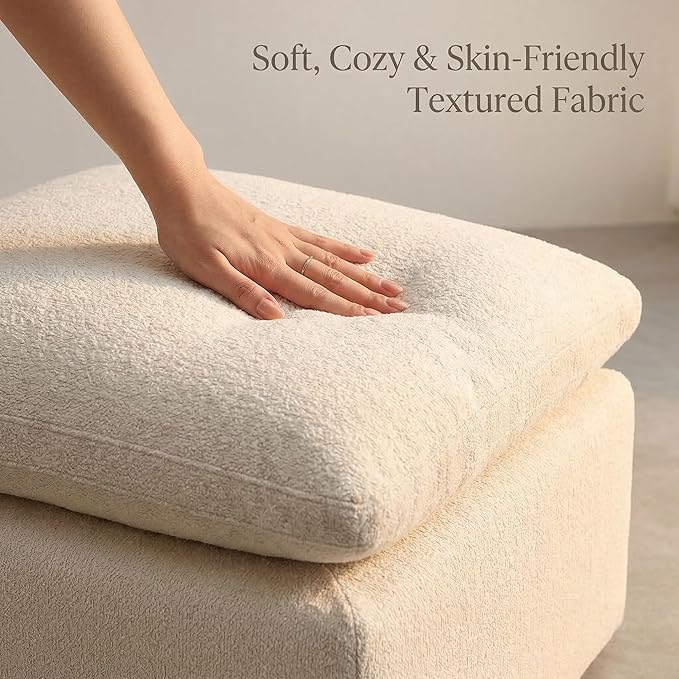 Cream Square Ottoman Footstool, Cloud-Like Pillow-Top Soft-Textured Ottoman Coffee Table, Compact Footstool for Living Room, Bedroom Vanity Stool, Low-Profile Floor Cushion forSmall Spaces