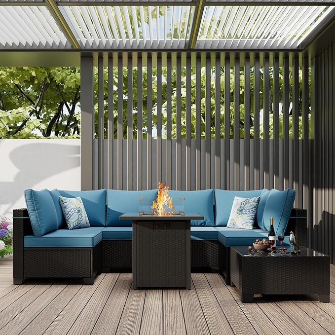 8 Piece Outdoor Patio Conversation Furniture Sets Sectional Wicker Set with 28in Fire Pit Table, 50000 BTU Propane Firepit for Garden Lawn Pool or Backyard, Coffee and Peacock Blue
