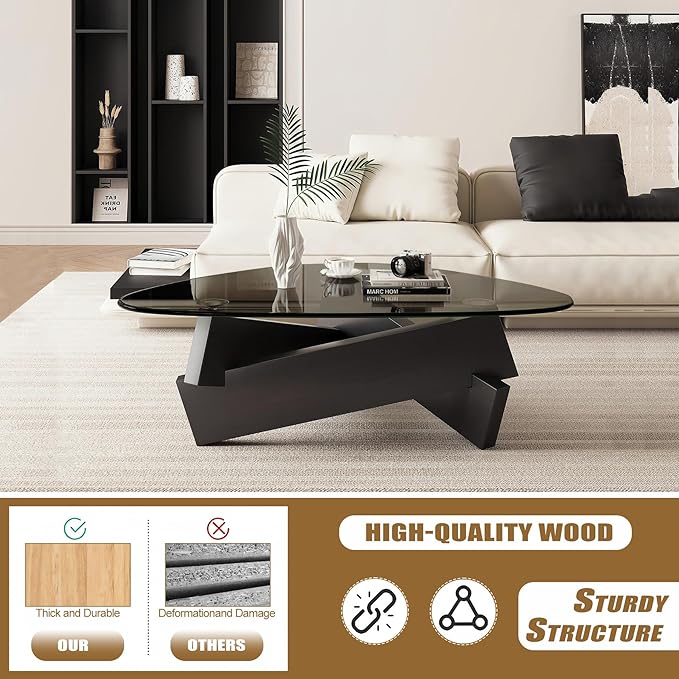 Black Coffee Table for Living Room 35.5'' x 27.5'' x 15.7'' Modern Glass Triangle Center Table with Tempered Glass Top, Cool Solid Wood Tea Table for Small Spaces & Home Office