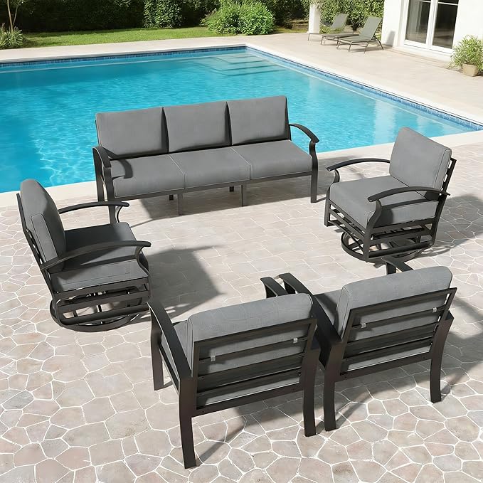 Aluminum Outdoor Patio Furniture Set,5 Pieces 7 Seats Patio Conversation Sets with 2 Swivel Rocking Chairs,Metal Patio Sectional Furniture Set with 5.1" Thickened Cushions,Grey