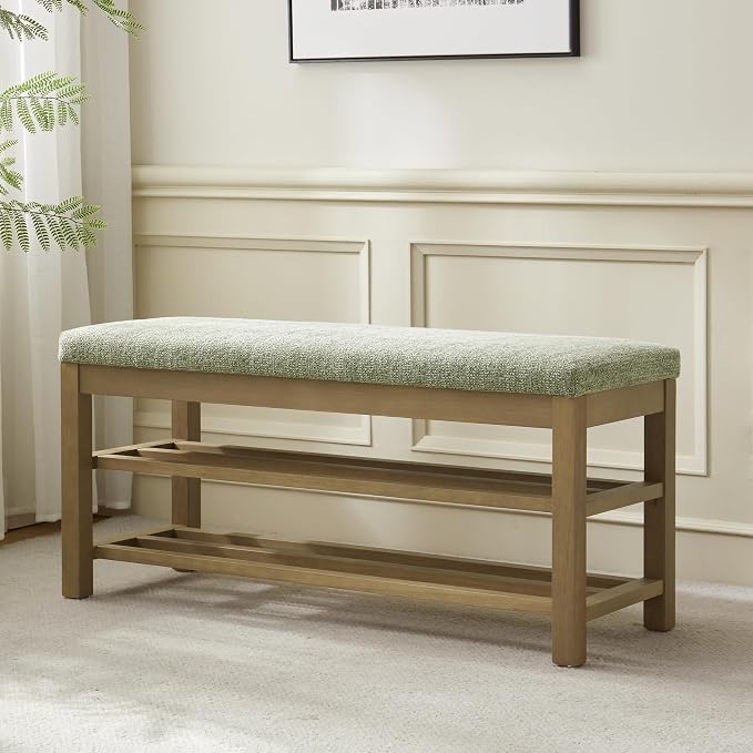 VKNOW 44.3” Wooden Entryway Bench, 2-Tier Upholstered Shoe Bench for Bedroom, Storage End of Bed Bench with Rubberwood Legs for Living Room, Hallway, Green - Image 8