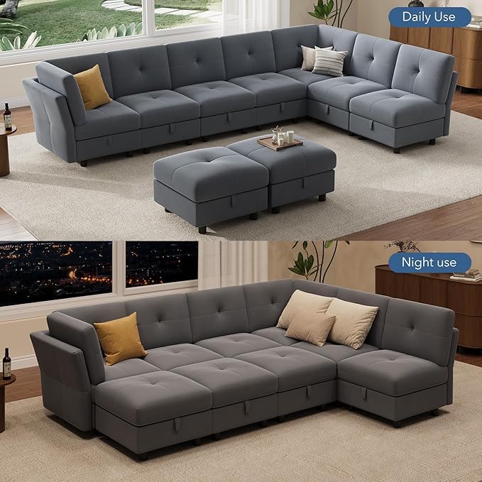 IDEALHOUSE Modular Sectional Sofa, 9 Seat with Storage & Convertible Ottomans, U-Shaped Velvet Couch High Support Design, Modern Living Room Sofa Bed, Blue