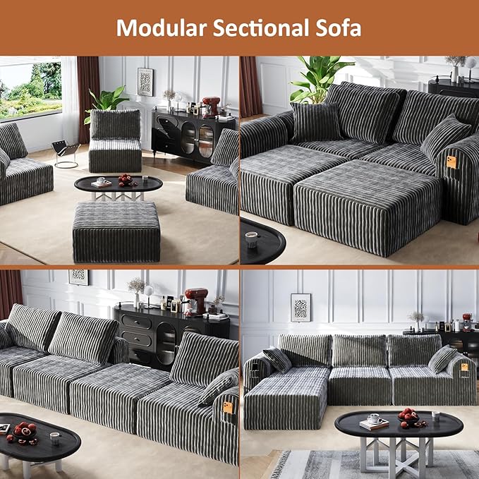 106" Boneless Couches for Living Room, Modular Sectional Sofa, L-Shape Sofa Couches,Cloud Couch Sectional, Comfy Corduroy Sofa, with Deep Seat, No Assembly Required (Gray, 3 Seater + 1 Ottoman)