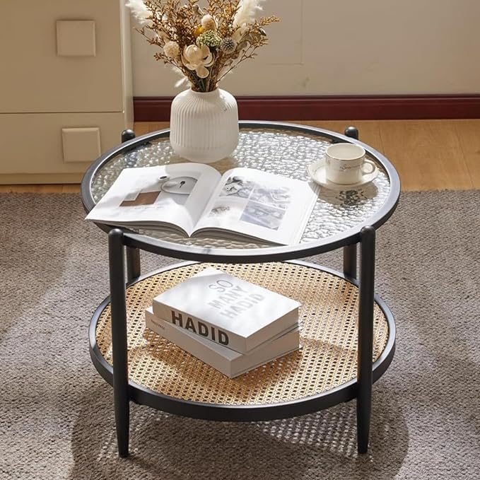 VINGLI 25.6" Black Rattan Modern Coffee Table with 2-Tier Storage, Round Water-Wave Glass Metal Center Table for Living Room and Small Space