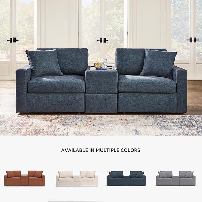 Signature Design by Ashley Modmax Contemporary Modular Stain Resistant 3-Piece Sectional with Storage Console, Drawer and 2 Accent Pillows, Blue