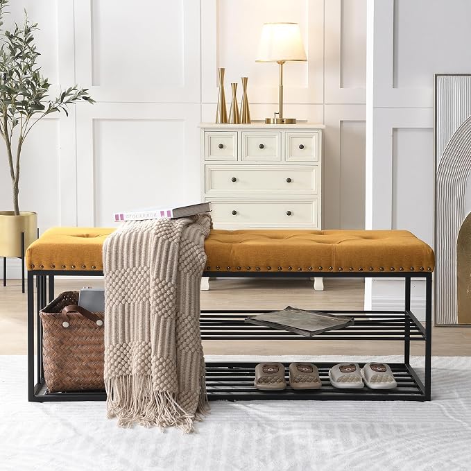 End of Bed Bench-Upholstered Entry Shoe Storage with Nailhead Trim,Black Mental Frame Ottoman Bench for Bedroom Entry Window Mudroom Living Room,Yellow - Image 6