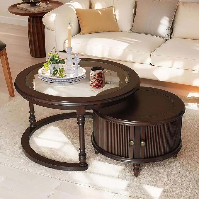 LKTART Nesting Coffee Table for Living Room,Round Tempered Glass Solid Wood Nest Coffee Tables with Storage,Retro Small Accent Center Table for Small Space Apartment (31.5''D×18''H-Dark Brown)