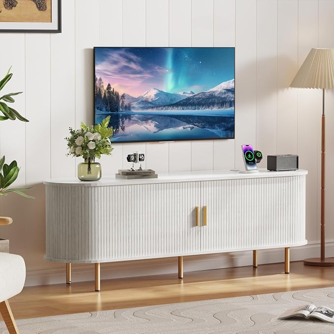 DHH 63 Inch Mid Century Modern TV Stand with Power Outlet for TVs up to 70 Inch, Entertainment Center with Storage and Adjustable Shelves, Media Console with Sliding Doors for Living Room(White) - Image 7