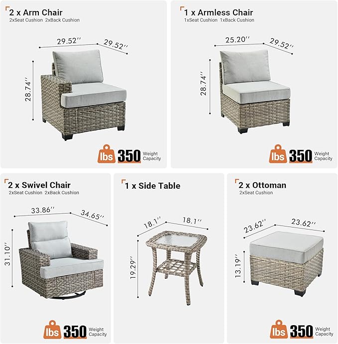 ovios 8 Piece Patio Sectional Furniture with Swivel Rocking Chairs, Rattan Wicker Coversation Set with Glowing Coffee Table, Outdoor Sofa Set for Outside Porch Balcony Backyard Pool,Light Grey