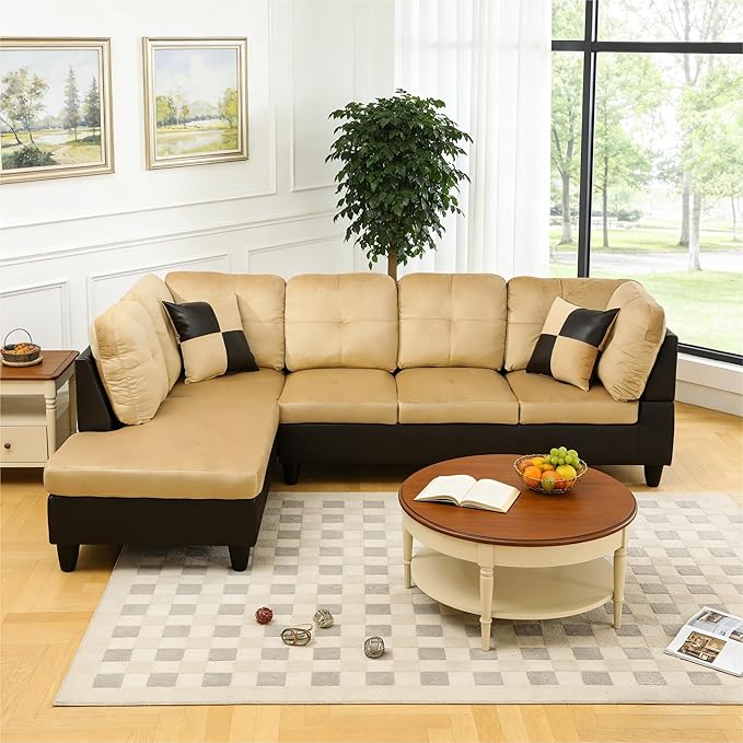 103.5 Inch Modern L-Shaped Couch, Flannel Sectional Sofa with Chaise Lounge, 4-Seater Couch with Accent Pillows for Living Room, Apartment, Beige and Brown