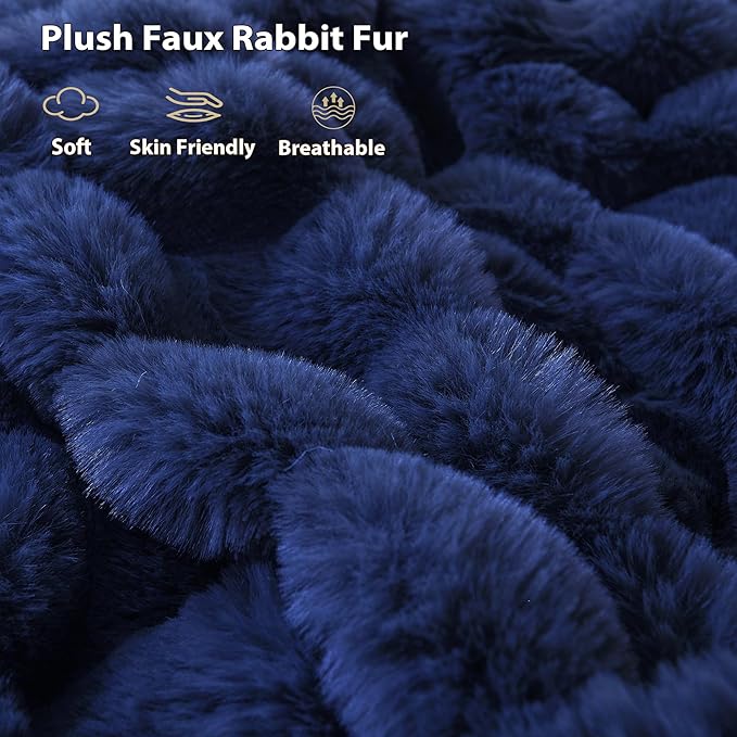 LIFEREVO Fluffy Faux Rabbit Fur Bubble Throw, Plush Shaggy Blanket for Couch Sofa Chair, Soft Cute Royal Furry Blanket Adults Kids Teens Girls, Fuzzy Throw for Bedroom Living Room, 50x60, Navy Blue