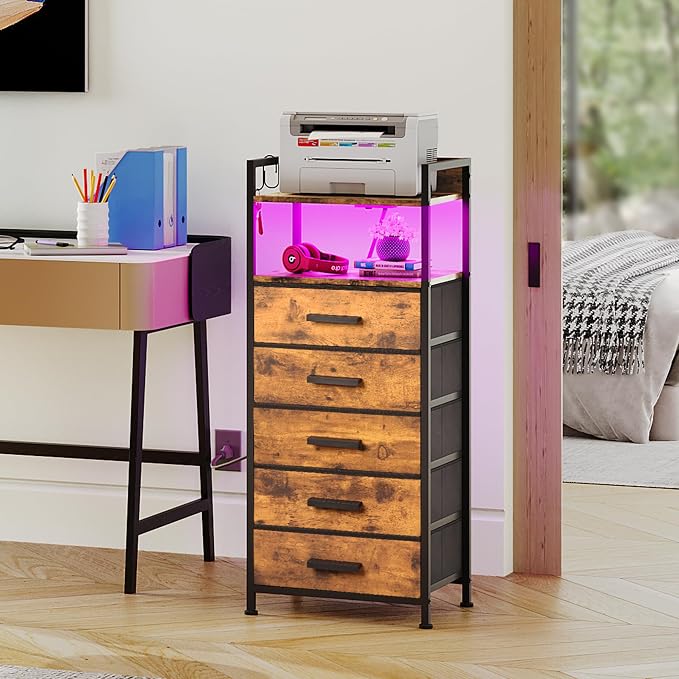 Nightstand 5 Drawer Dresser with Charging Station & LED Lights, Side Table with Fabric Drawers, End Table with Open Shelf with Hooks, Tall Dresser for Bedroom, Hallway, Entryway (Rustic Brown) - Image 9