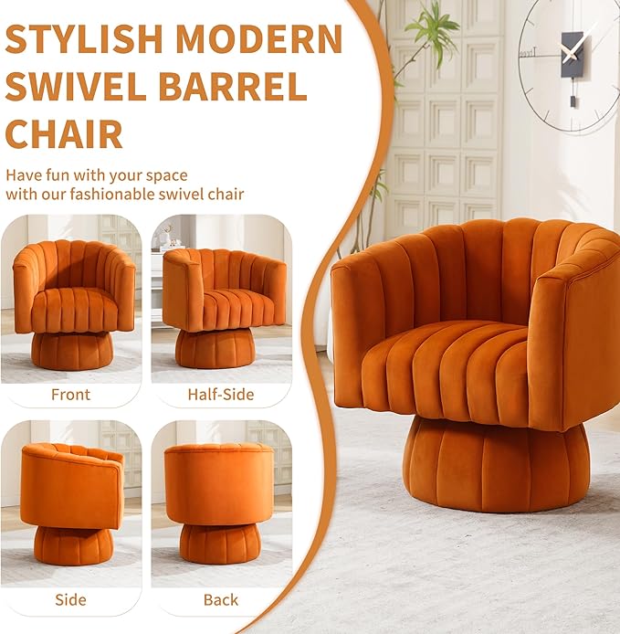 Swivel Accent Barrel Chair Set of 2- Cute Comfy Small Round 360° Arm Chair Velvet Sofa Club Reading Chair for Living Room Bedroom Office Orange